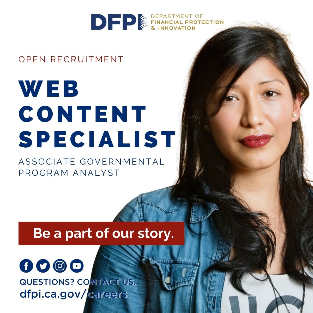 CaliforniaDFPI's tweet photo. Creative & passionate about web content strategy? Join our team as a Web Content Specialist!
✅ $5,518-$6,907/mon.
✅ Exceptional Benefits
✅ Collaborative Work Environment
Apply: https://t.co/bvp8rhQvEs (Deadline: 4/17)
#WebContentSpecialist #DFPI #JobOpportunity #JoinOurTeam https://t.co/i4UD6JMHxw