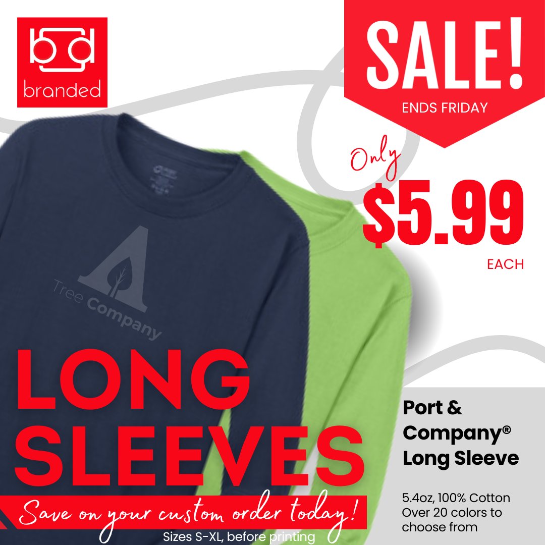 Ends Friday | $5.99 Long Sleeves at Branded! Order your custom long sleeves today! 

$5.99 price for PC54LS, sizes S-XL, before printing. 
brandedscreenprintingstore.com/branded_screen…