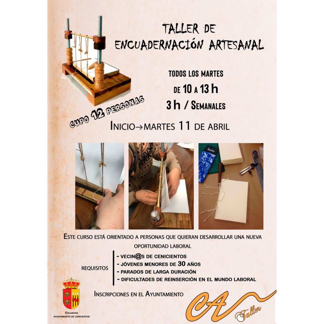 CAVTaller's tweet photo. Iniciamos cursos, interesados apuntarse en el ayuntamiento de Cenicientos, requisitos prioritarios en el cartel, pero esta abierto para cualquier vecino de Cenicientos #encuadernacion #cavtaller #bookbinding #cenicientos #cursoartesanal #artesania #ComunidaddeMadrid https://t.co/CpNUTZI04n