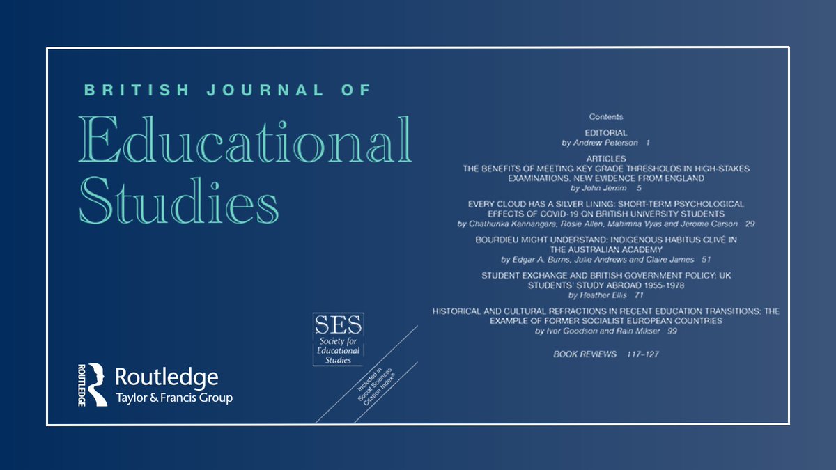 First published in 1952, there have been more than 70 volumes of the British Journal of Educational Studies. 

You can read these latest articles and book reviews from this 71st edition now, many of which are open access.

Full details can be found at:
tandfonline.com/toc/rbje20/71/…