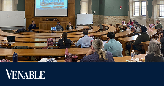 VenableLLP's tweet photo. University of Michigan Law School’s Business Law Association and Privacy and Technology Law Association recently hosted their Venable exclusive lunch panel. Rob Hartwell, Ian Williams , and Katelyn Asmus from our DC office participated as panelists. #Venable #LawStudents https://t.co/y1ubJ8BfTR