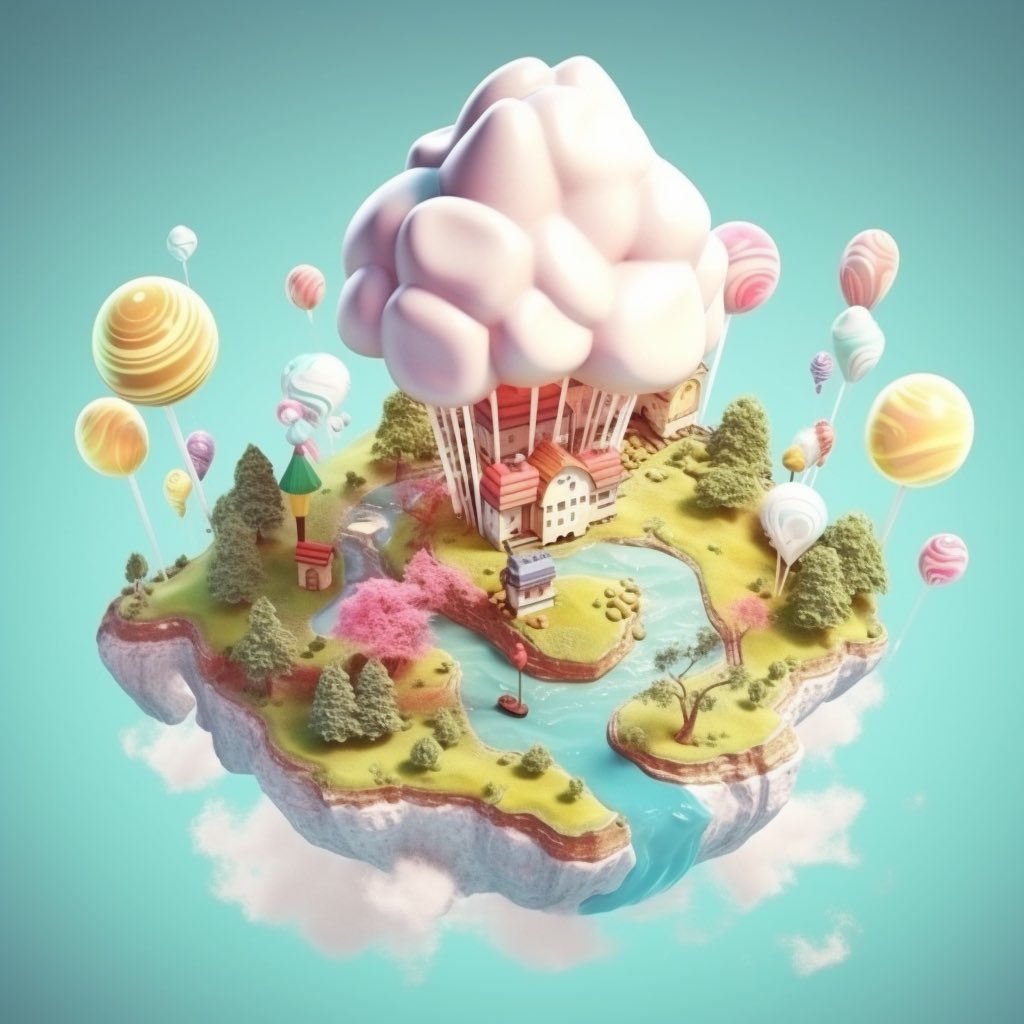 studio_joshua's tweet photo. @icreatelife **bird view of floating island in sky. The Island is made of marshmallows, gumdrop trees, and candy waterfalls. Surrealism, epic details, smooth --v 5** https://t.co/1TCNpgVNVB