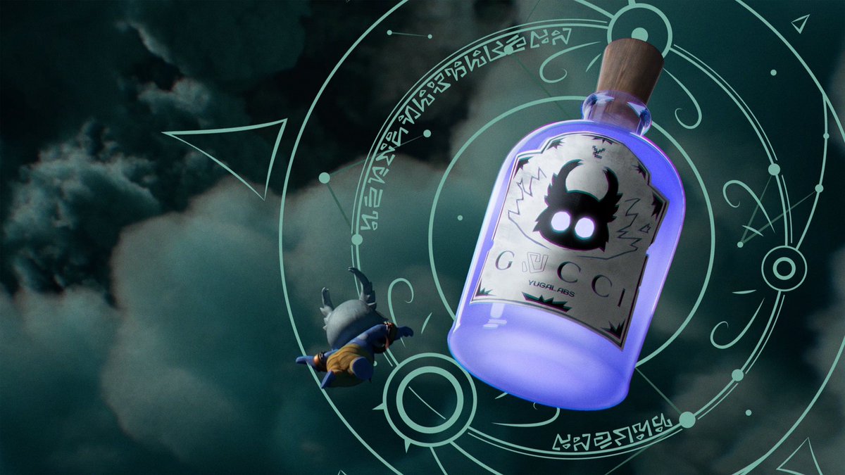 A small blue creature with large furry ears falls in a dark and cloudy sky. Next to it falls a glowing blue bottle that is much larger than the creature. There is a white label on the bottle with a silhouette of the creature’s head and it says “Gucci” and “Yuga Labs” underneath. Surrounding the bottle is a teal swirling geometric pattern.