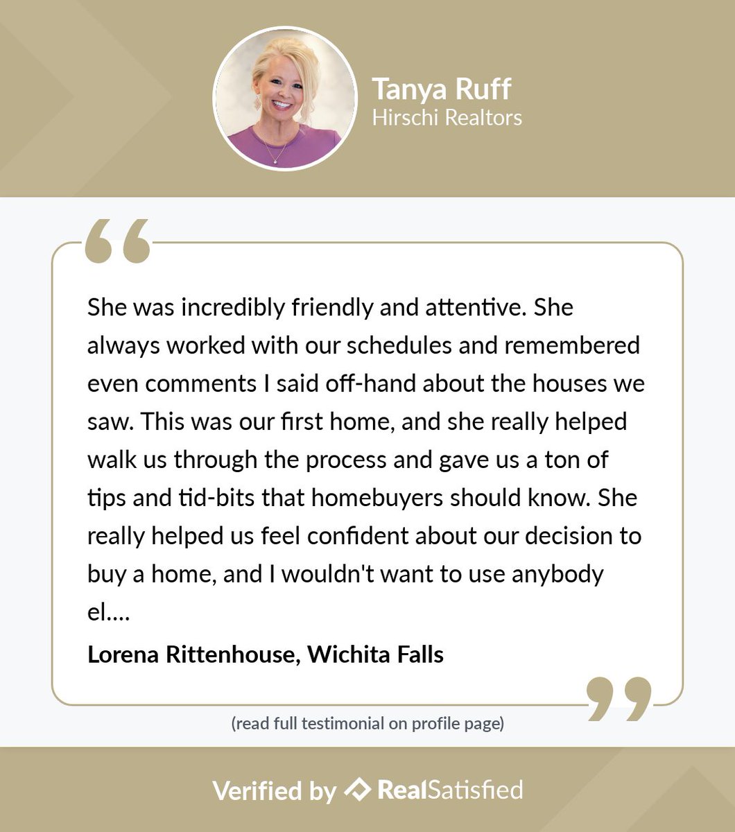 RuffRealtor's tweet image. I’m truly honored by this, and smiling from ear to ear. realsatisfied.com/Tanya-Ruff via @realsatisfied