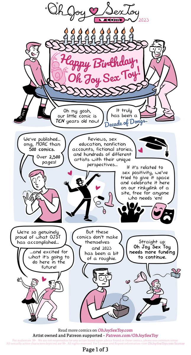 OhJoySexToy's tweet image. 🎂Celebrating 10 Fucking Years! 🎂
OJST has brought you a decade of sex-positive comics from scores of diverse creators and now, to honor this milestone birthday, we're sharing exclusive BONUS comics &amp;amp; cartoonist interviews just for our supporters!
patreon.com/posts/pledge-d…