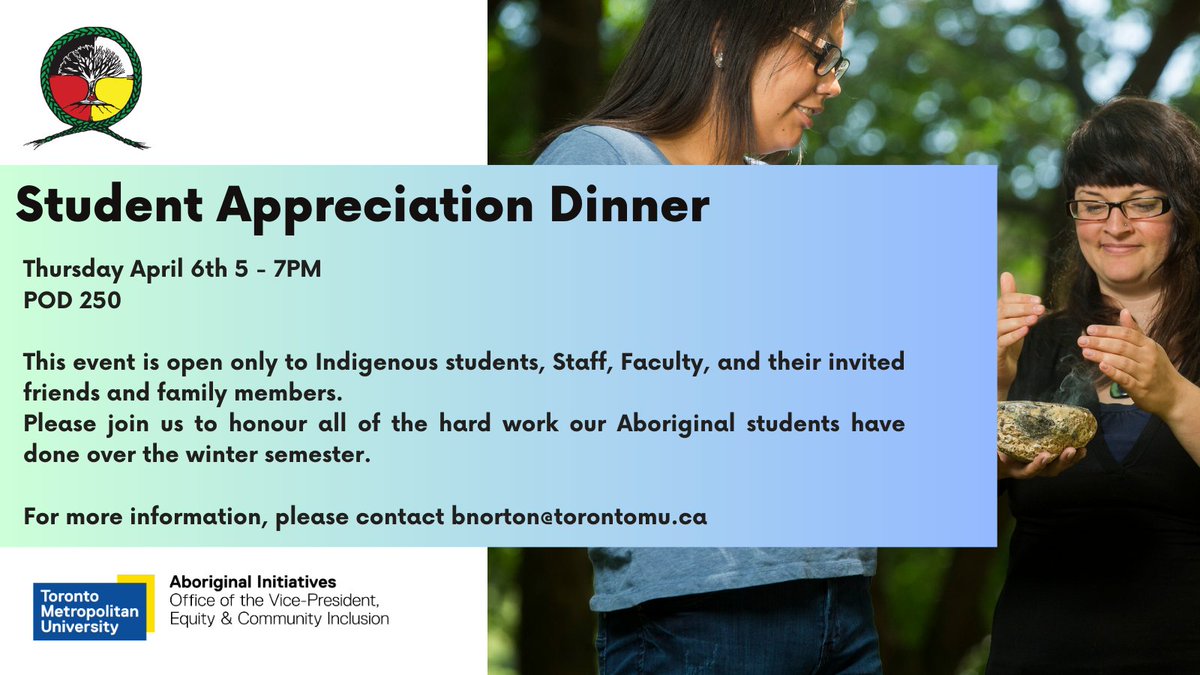 Reminder that our bi-annual Student Appreciation Dinner is this Thursday!!! Remember to RSVP with the link below.

There will be good food and good company, and exciting giveaways! Only for Indigenous students and guests.

Please register here: shorturl.at/finMX