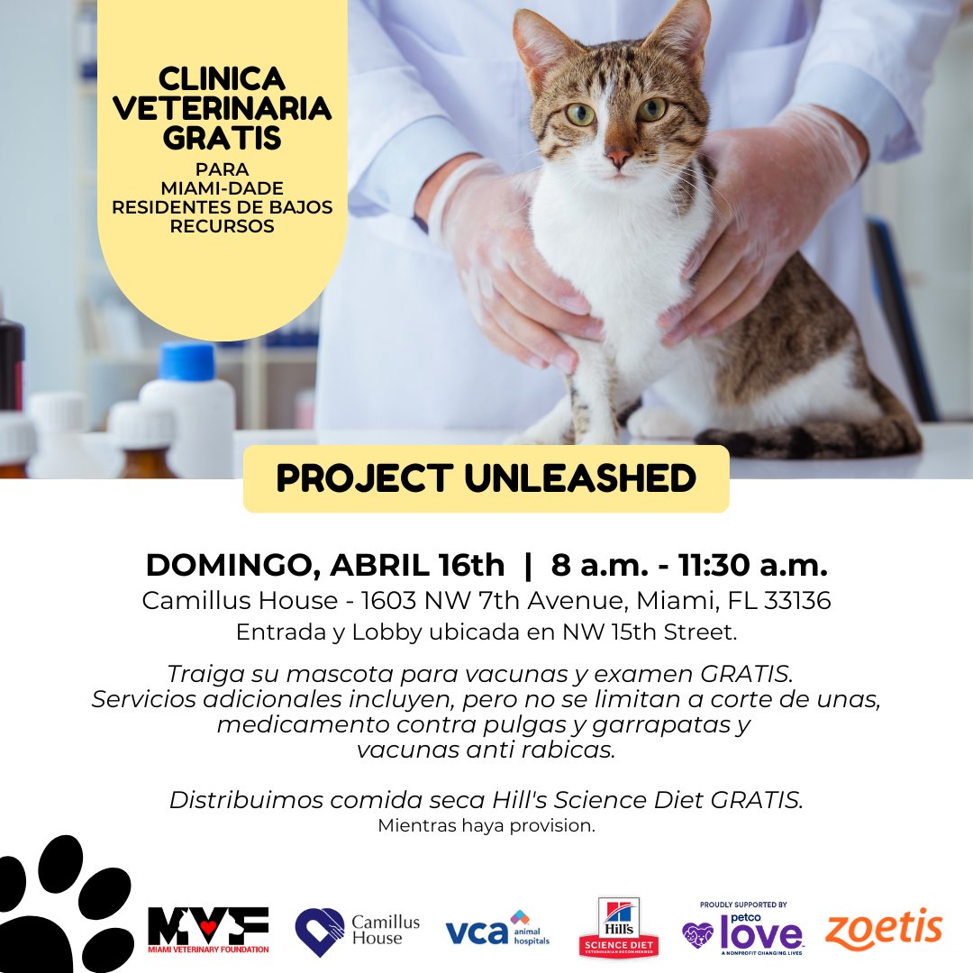 MiamiVetFdn's tweet photo. πΎ Mark your calendars! #ProjectUnleashed is on Sunday, April 16th from 8 a.m. to 11:30 a.m. at Camillus House
Location:1603 NW 7th Avenue, Miami, FL 33136
FREE VACCINES, FREE Hill's Science Diet food and a CHECK-UP. Open to income-qualified Miami-Dade residents.
#MiamiPets https://t.co/JMhxzWdk6g