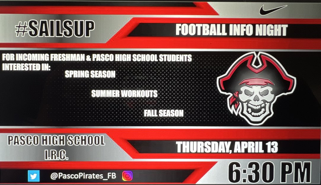 🚨🚨MARK YOUR CALENDARS🚨🚨PARENT/PLAYER INFORMATIONAL MEETING next Thursday 4/13 6:30pm in the IRC. This meeting is for all parents and players of incoming freshmen and Pasco High students interested in being apart of our program! #SailsUp #WeArePasco 🏴‍☠️