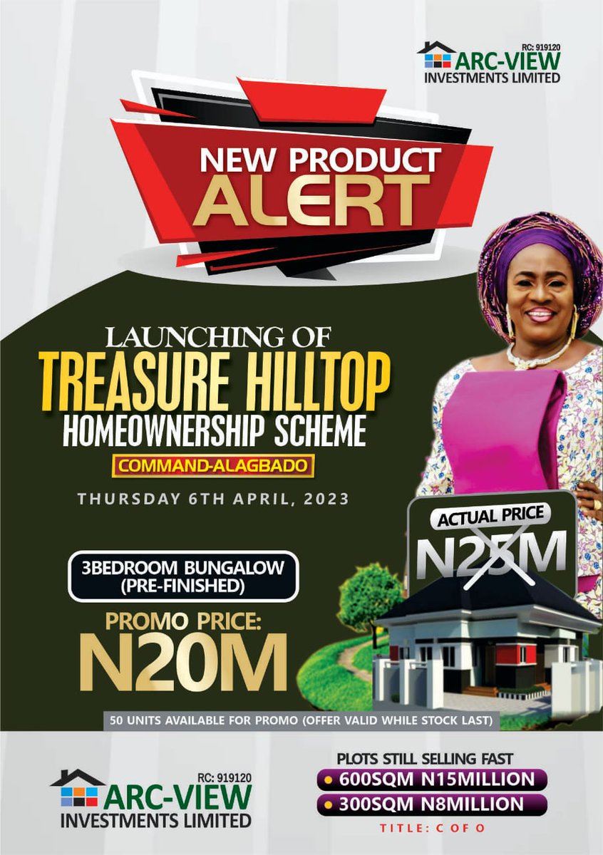 PropertiesKorp's tweet image. Join us as #Arcview #Investment Ltd launches another home scheme Call/DM to secure your part of it. Hundreds of foundation springing up...
ENQUIRES:
☎️or WhatsApp: +2348055726413