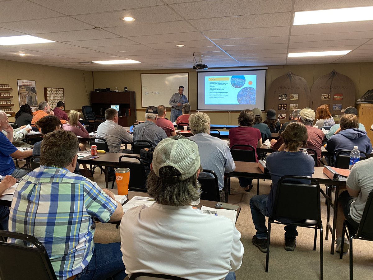 beckyleecarroll's tweet photo. April Pecan Management class starts with Kelly Seuhs discussing early insect pests and Charlie Graham talking pecan scab. @okstate_ag #okpecans https://t.co/ydYtZPjxnJ