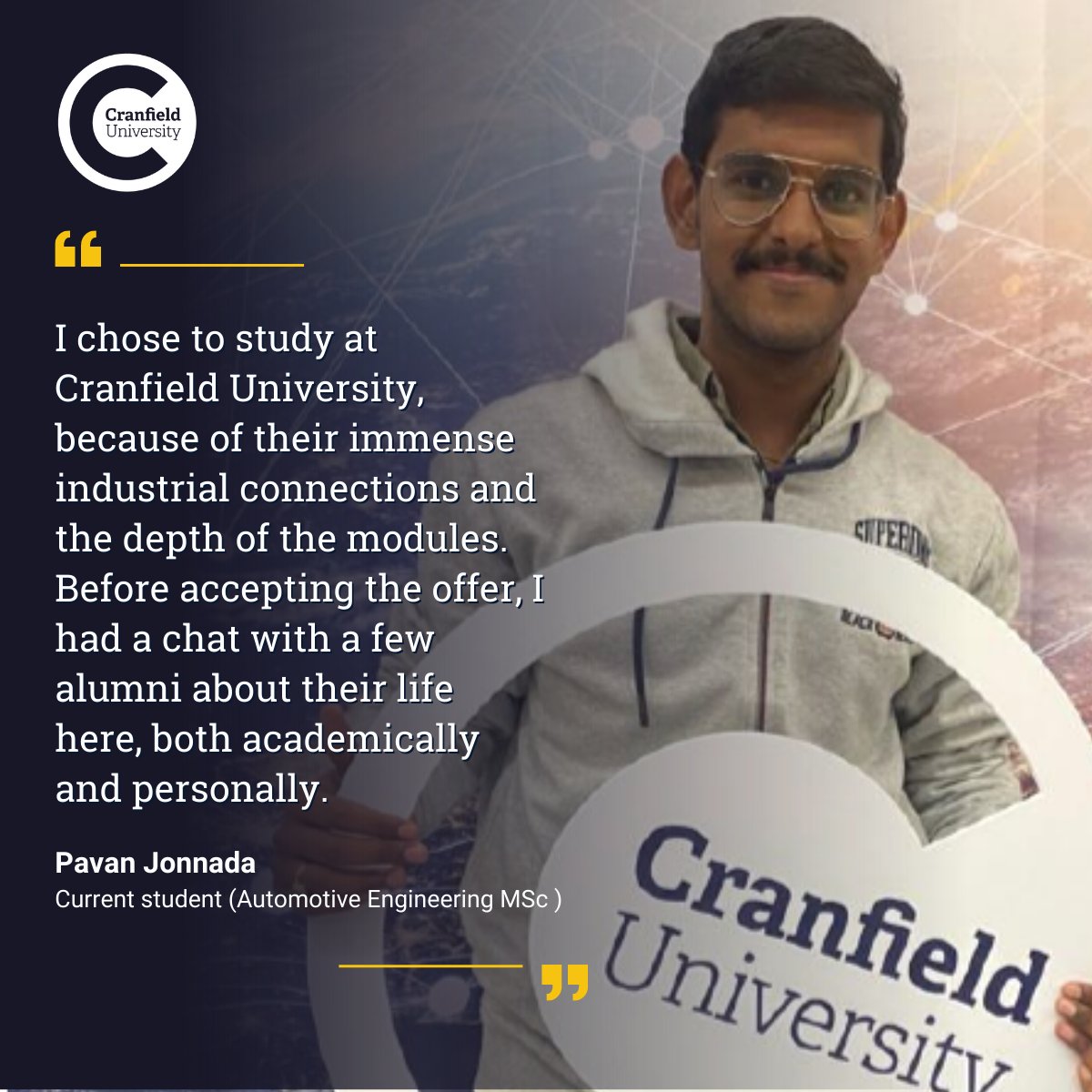 CranfieldAVEC (@cranfieldavec) on Twitter photo We recently caught up with Automotive #Engineering #MSc student, Pavan, to find out why he chose to study at <a href="/CranfieldUni/">Cranfield University</a> and what he has been up to on the course so far!
Read a new blog to find out more 🚗 blogs.cranfield.ac.uk/transport-syst… We recently caught up with Automotive #Engineering #MSc student, Pavan, to find out why he chose to study at <a href="/CranfieldUni/">Cranfield University</a> and what he has been up to on the course so far!
Read a new blog to find out more 🚗 blogs.cranfield.ac.uk/transport-syst…