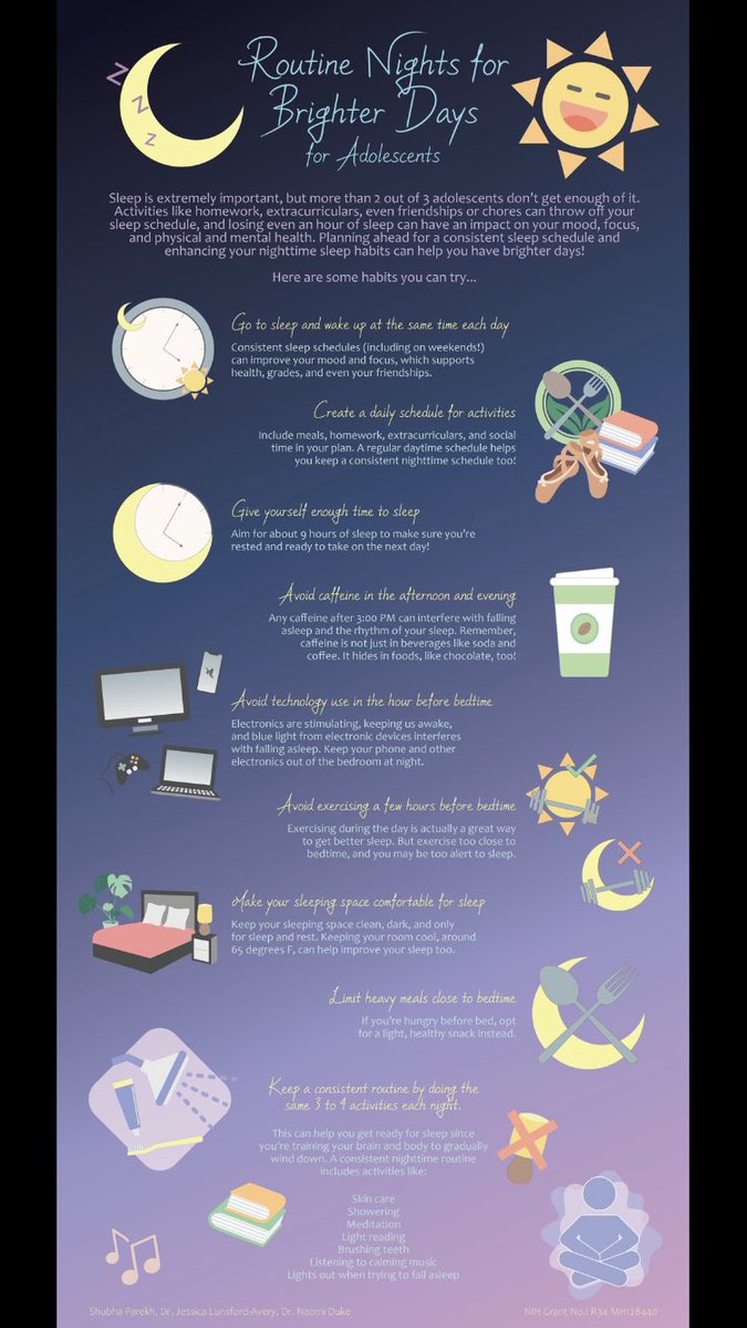 DukeADHDProgram's tweet photo. Our lab’s entry for the #SRSInfographicContest: “Routine Nights for Brighter Days for Adolescents.” Shoutout to lab member Shubha Parekh, who designed the graphics and led the team in finalizing content, and to co-contributor Dr. Naomi Duke! @ResearchSleep @LunsfordAvery https://t.co/kPWcj6T3iX