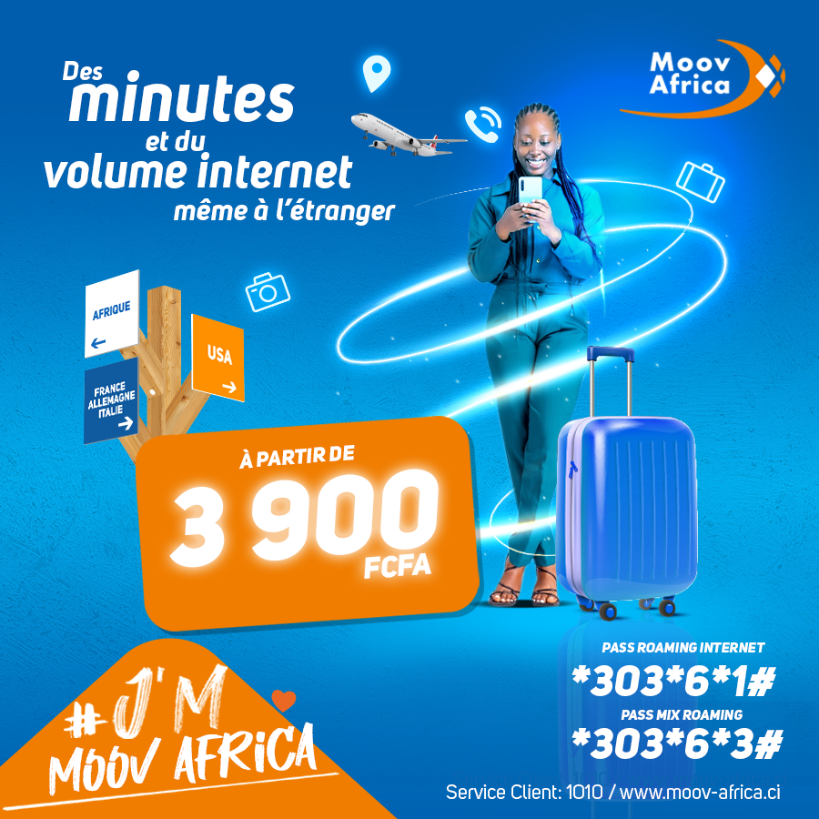 Moovafrica_CIV's tweet photo. Avec Moov Africa, même en voyage profitez d'une connexion internet où que vous soyez à travers le monde à des prix très avantageux.
Tapez *303*6*1# pour les Pass roaming internet et *303*6*3# pour les pass mix roaming
#JMMoovAfricaCI #JMLaGenerosite #JMLesGigas https://t.co/98Rg0WVlll