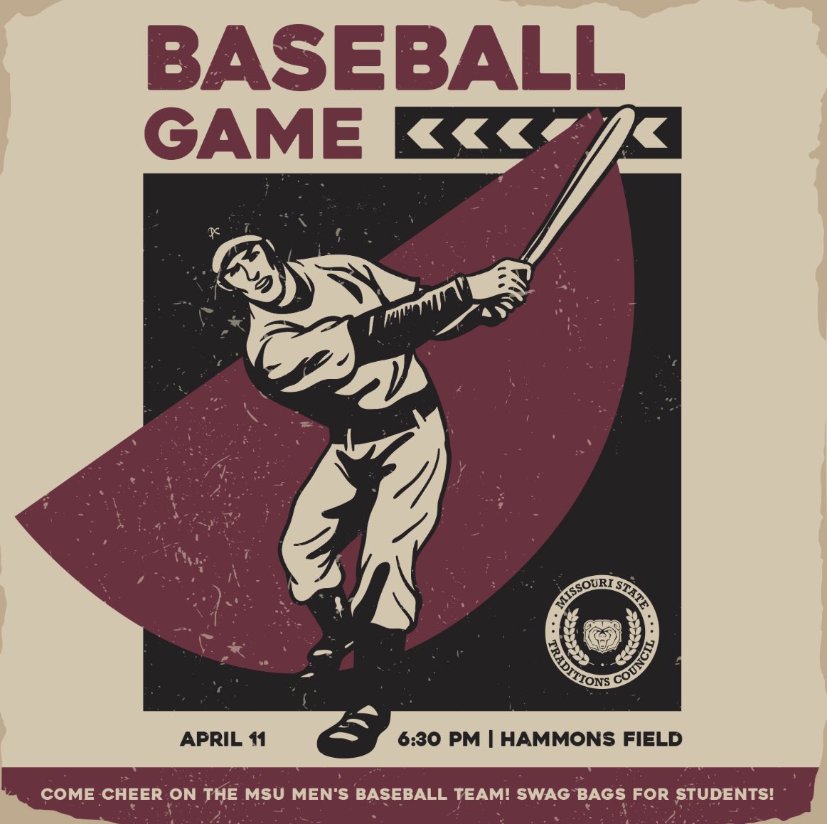 Tuesday, April 11th at 6:30pm come cheer on the baseball bears at Hammons Field! There will be swag bags for students. Get your baseball tickets next week at Fountain Day⛲️