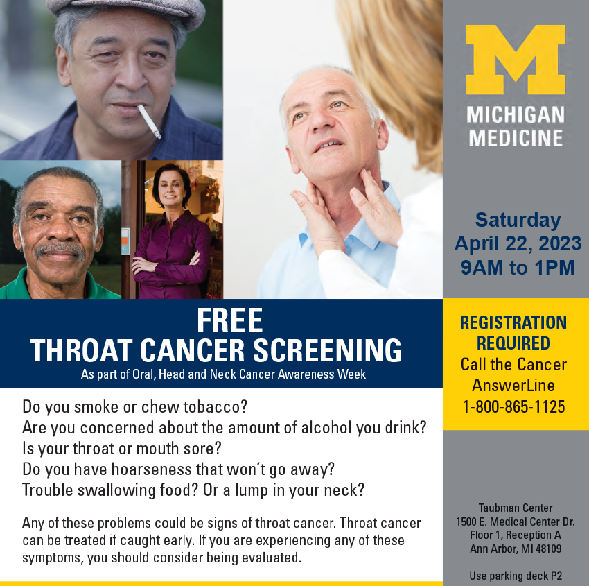 PackardHealth's tweet photo. FREE Throat Cancer Screening.  Call and schedule your appointment today for Saturday, April 22nd from 9AM to 1PM. #Freecancerscreening #cancerscreening #throatcancer https://t.co/B1ooLeJZPE