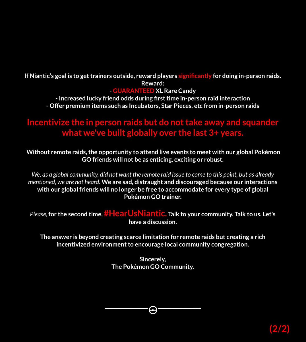 No trainer should be left behind 💔.

<a href="/NianticLabs/">Niantic</a> , please don’t destroy the online community we’ve all worked so hard to build over the last years.

We voice our concerns because we feel unheard. Show us that you care about your playerbase. Please, #HearUsNiantic .