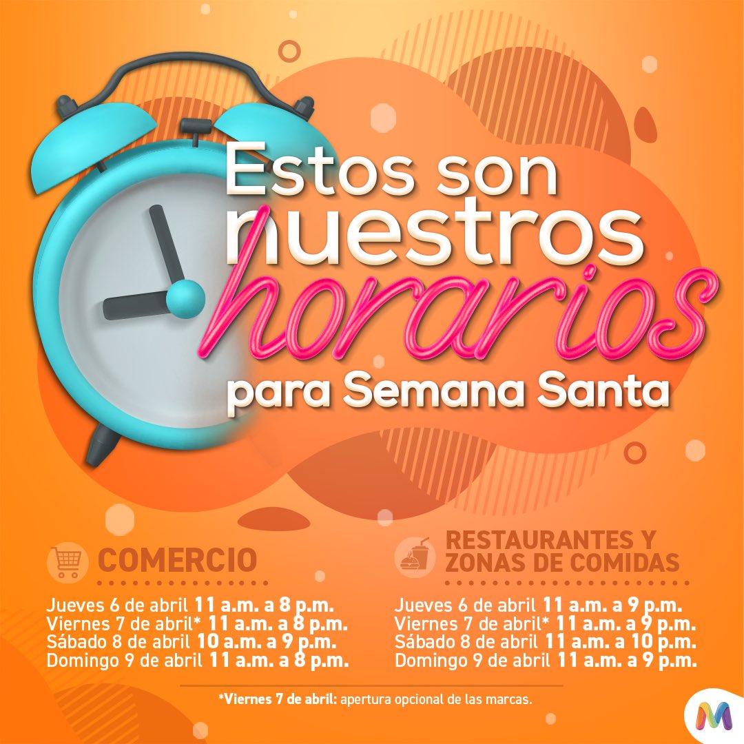 ⏰ ¡Conoce los horarios para esta Semana Santa en las tiendas, restaurantes y zona de comida de nuestro centro comercial! 🛍🍔➡️

#MayorcaMegaPlaza #MasOpcionesParaTodos
#centrocomercial