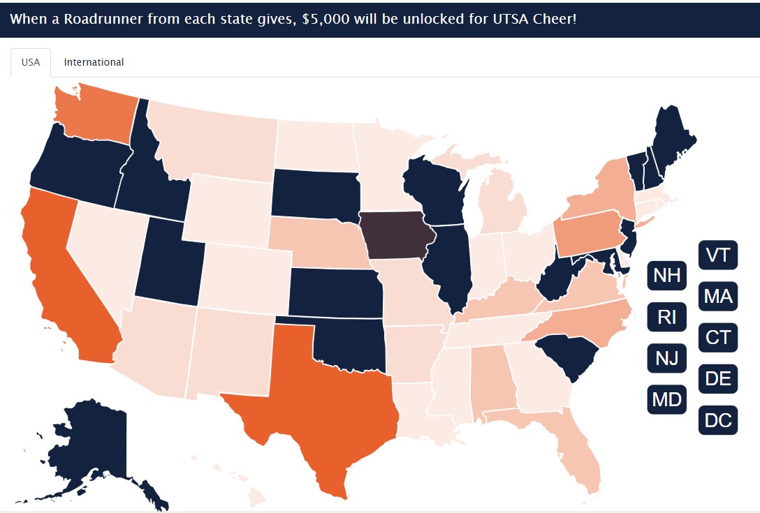 One of my favorite parts of #UTSAGivingDay -- We #BuildTheNest and unlock the map. I see you #NASPA23 #SAPro Let's turn all the states orange!  If it's blue -- it's for you!  [Give to Multicultural, Wellbeing, Service or Recovery] givingday.utsa.edu/amb/nowandfore…