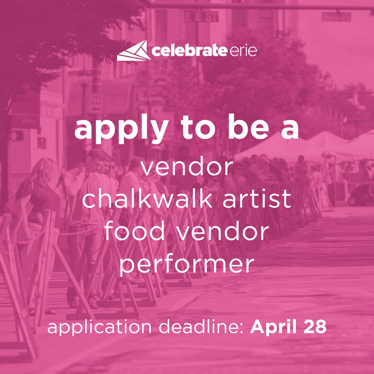 Want to be a part of CelebrateErie 2023? 🎉

Applications for vendors, chalkwalk artists, food vendors, performers, and activities are open now through April 28th!

Learn more &amp; apply here: celebrateerie.com/apply/