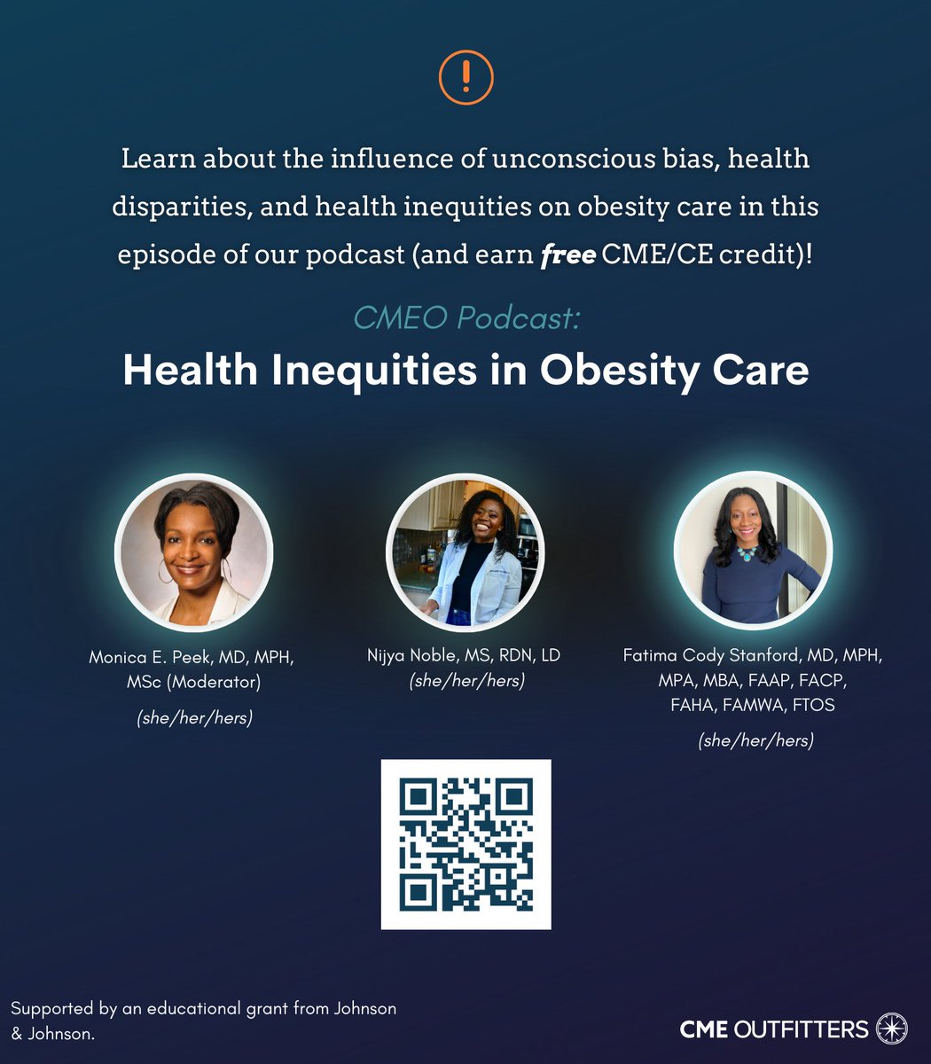 cmeoutfitters's tweet photo. In this hot π₯CMEO podcast series on #DEI, @DrMonicaPeek, @askdrfatima and and Dr. Nijya Noble discuss the implicit bias, #HealthDisparities, and health inequities in caring for patients with #obesity.
Grab your π #CME/CE credit:
https://t.co/gqZmNUFvuJ
#MedEd #MedEd4Equity #FOAMed