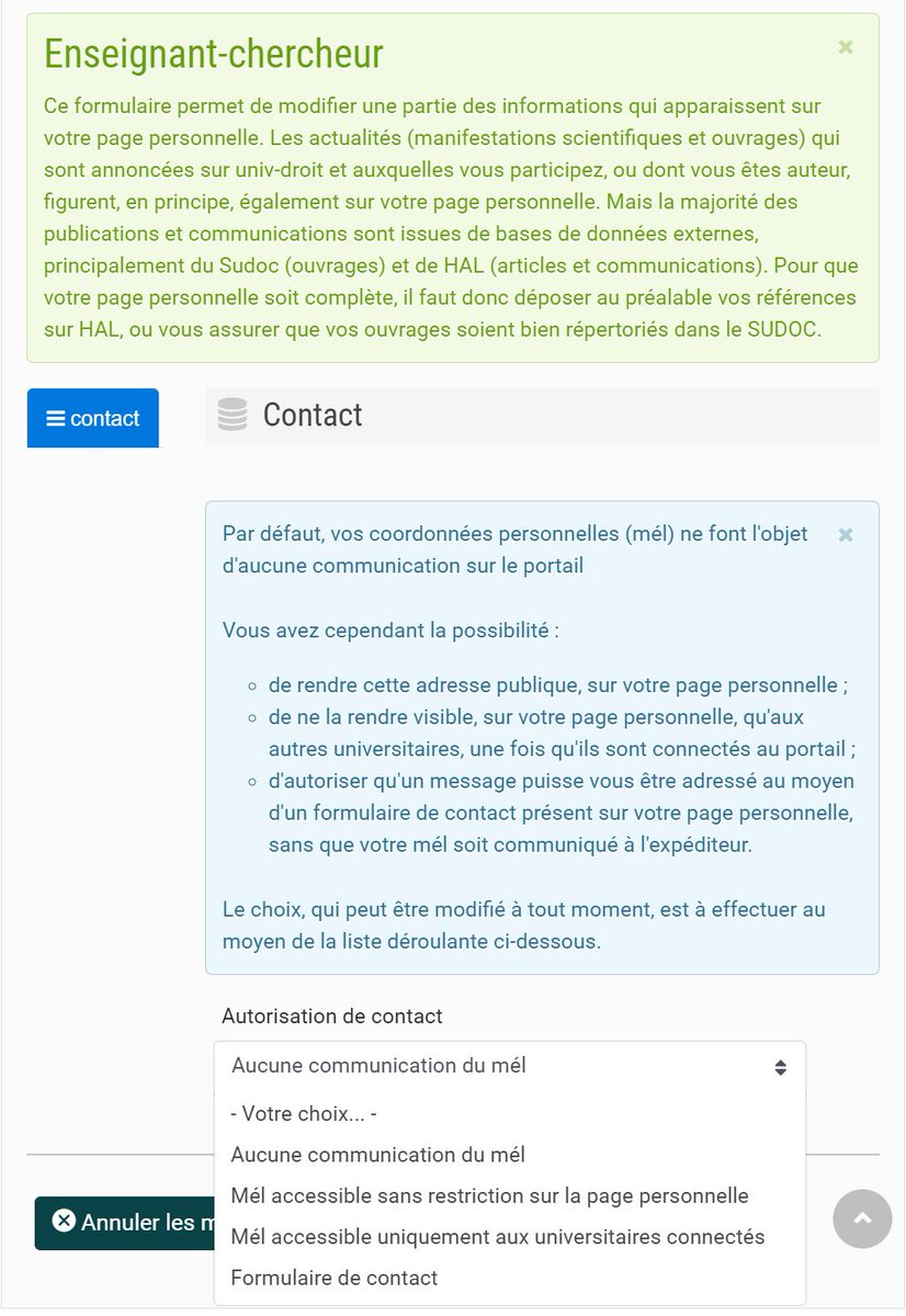 Comme annoncé hier en marge du colloque de lancement de la fondation Ius&amp;Politia <a href="/ASMP_officiel/">Académie des sciences morales et politiques</a>, quelques nouvelles fonctionnalités sont accessibles aux universitaires connectés sur <a href="/univ_droit/">Univ-Droit</a> , dont le choix entre plusieurs modalités de contact.