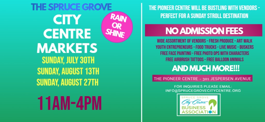 SpruceGroveCC's tweet photo. The City Centre Markets will be here this summer!  The dates are July 30th, August 13th and August 27th, 2023.  All three public markets will be held at the Pioneer Centre  - 301 Jespersen Avenue, Spruce Grove, AB.   Come join in the fun ! https://t.co/xvBBEWa3YJ