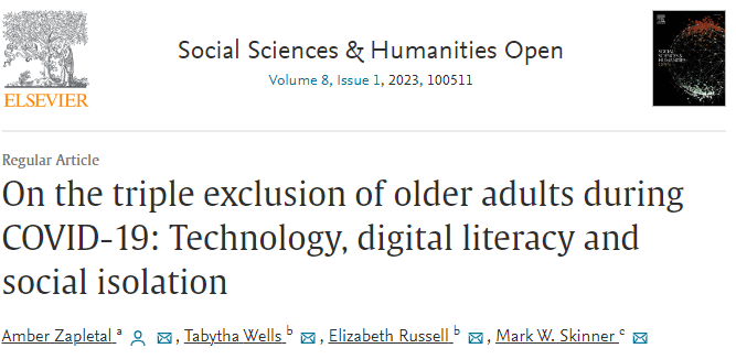 TrentAging's tweet photo. Check out a new article by TCAS Members Elizabeth Russell, Mark Skinner &amp; Amber Zapletal. The research builds off the honours thesis of Tabytha Wells on the experiences of older adults who self-identify as non-users of digital technology during COVID-19.  https://t.co/wpVjpMCVsM https://t.co/cLcC6RFLYU