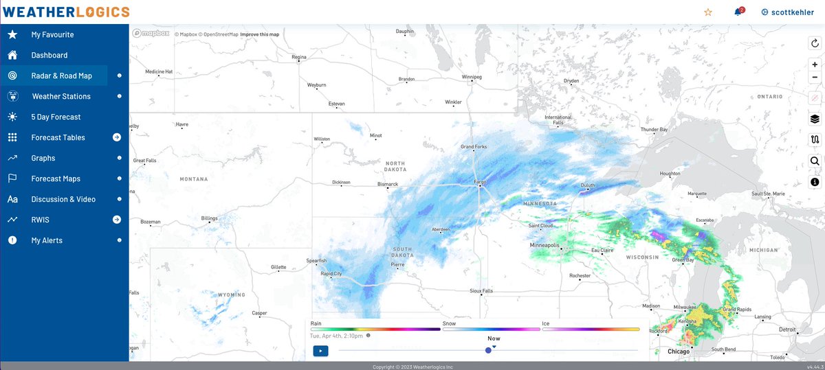 scottdkehler's tweet photo. The latest radar image (2:10 pm CT) show the band of snow just moving into Grand Forks, ND. The heaviest band of snow currently extends through Fargo. #ndstorm #mbstorm https://t.co/BQc7zllnYV