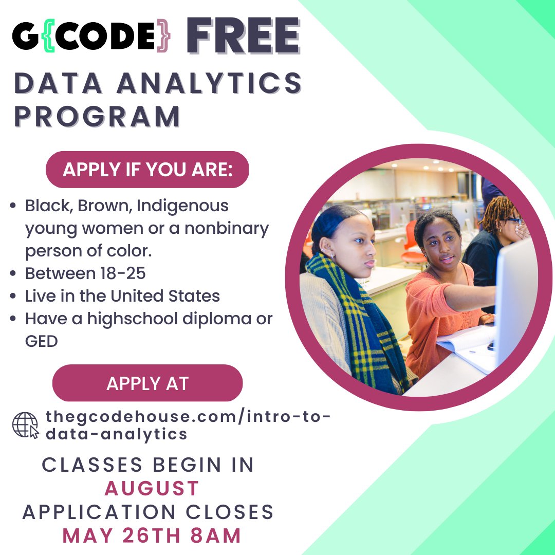 It's here!🥳🥳 Application for G{Code}'s NEW pilot program Intro to Data Analytics is now OPEN! Learn Python, SQL, and advanced google sheets in this FREE 12-week program. Apply today at thegcodehouse.com/intro-to-data-… , don't wait to start your career in tech!

#DataAnalytics #coding