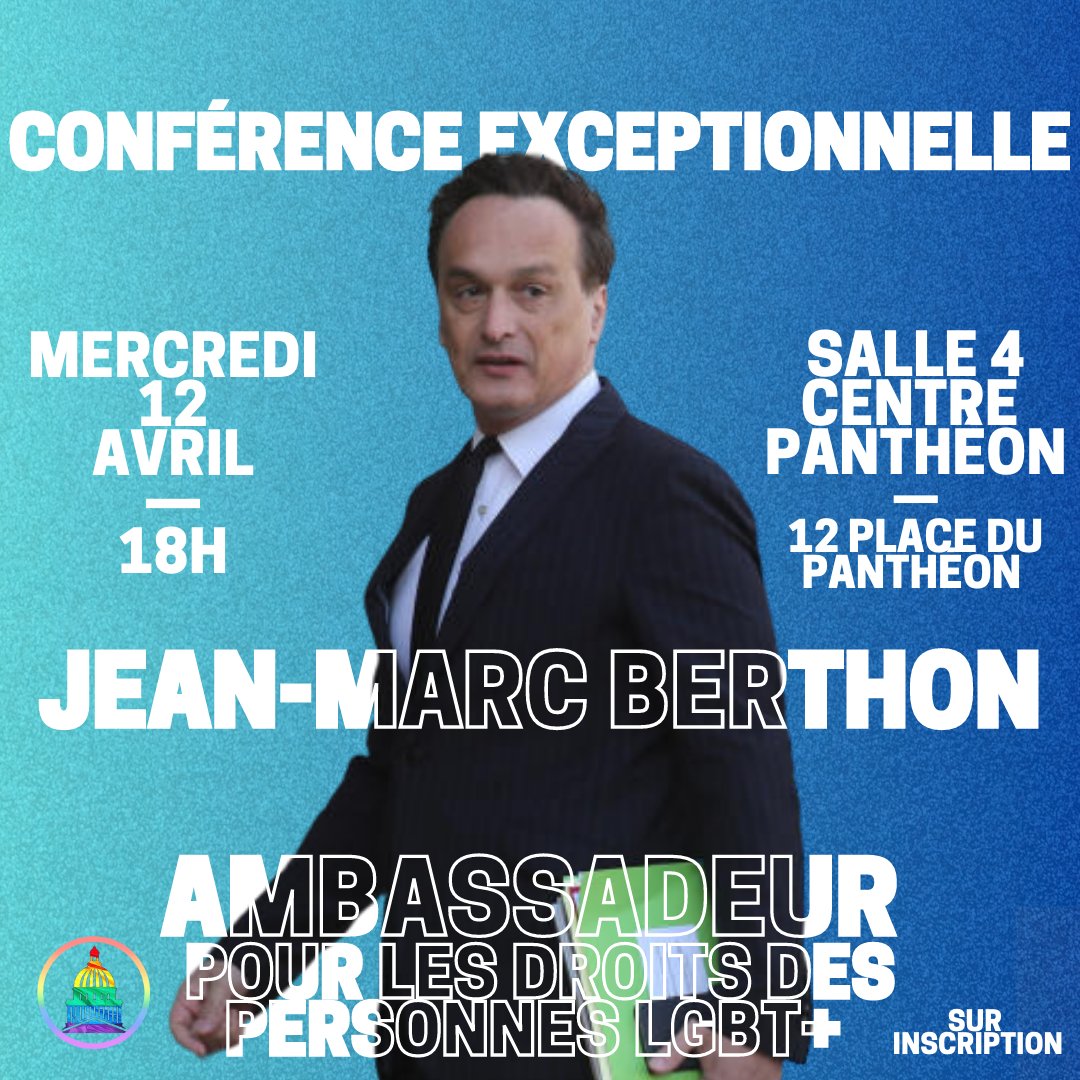 📣 | CONFÉRENCE — L'ambassadeur pour les droits des personnes LGBT+ <a href="/BerthonJeanMarc/">Jean-Marc Berthon</a> sera présent au Centre Panthéon pour parler du rôle de la diplomatie dans la promotion des droits LGBT+.

📅 MERCREDI 12 AVRIL
🕠 18H
📍 12 PLACE DU PANTHÉON, 75005 PARIS - SALLE 4