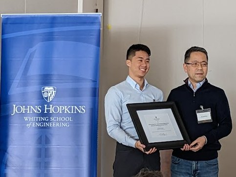 Congratulations to @JHUMaterials Ph.D. student @josephtychoy, recognized at today's Teaching and Mentorship Awards Celebration with the George M. L. Sommerman Engineering Graduate Teaching Assistant Award. He is pictured here with Dr. Hai-Quan Mao.