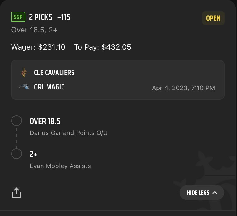 KaleBetsWin's tweet image. 🪜All-Ohio Day #4 Ladder Play🪜 

Both plays with the Cavs tonight #LetEmKnow 

🏀 Darius Garland OVER 18.5 points
🏀 Evan Mobley 2+ assists 

#ladderplay #GamblingTwitter #Parlay