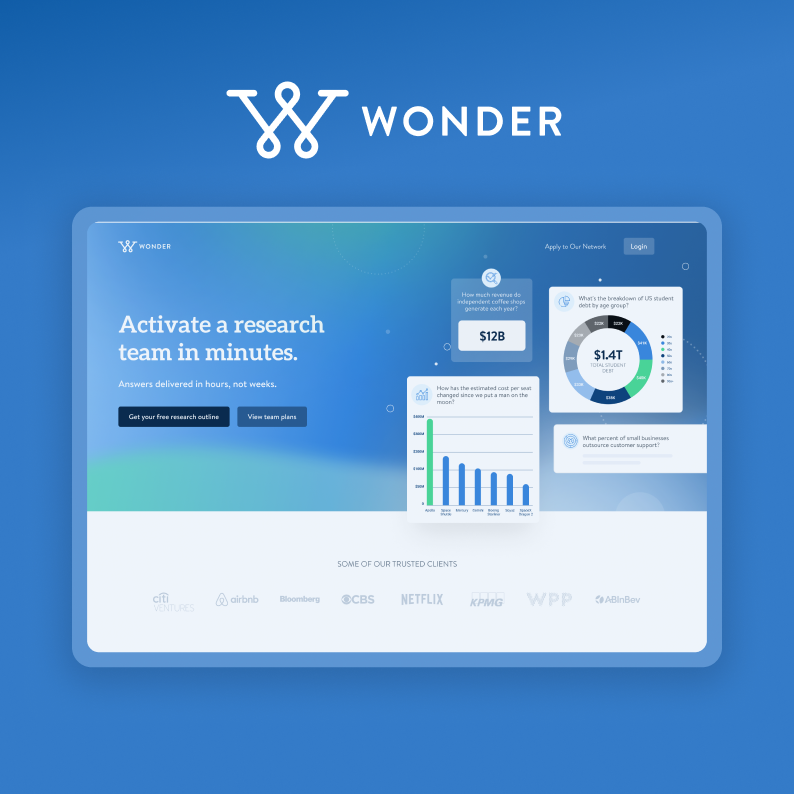 KingTideLA's tweet photo. What are you wondering?

Our team created a website design that perfectly captures the sophistication and intelligence of Wonder’s groundbreaking research platform. 🔍🔵

Get ready to dive deeper into your market research with @AskWonder  and its stunning new interface. https://t.co/dfVmhH6BCf