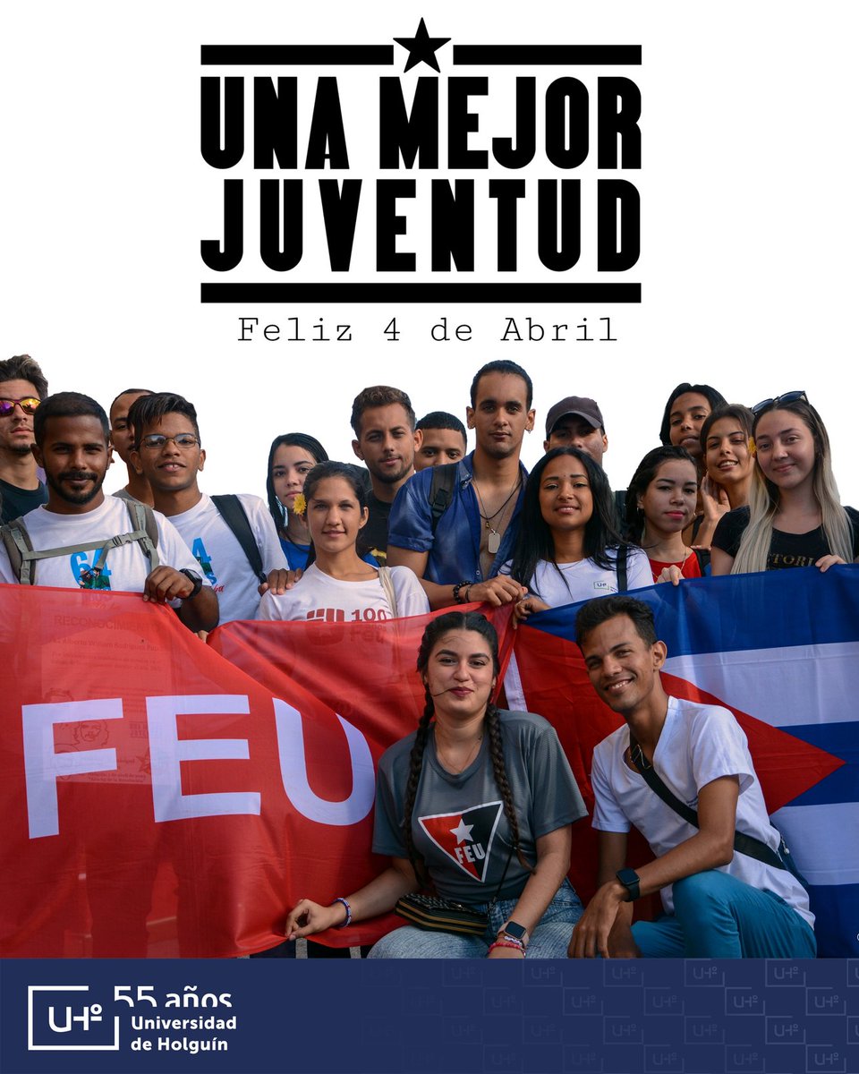 #UnaMejorJuventud Feliz 4 de abril a todos los jóvenes y Pioneros 

#VamosPorMás 
<a href="/AnabelNaranjoP4/">Anabel Naranjo Paz</a> <a href="/davidlahera1/">David Lahera</a> <a href="/GRGIRAL/">GlesslerRG🇨🇺🇨🇺</a> <a href="/univholguinera/">UniversidadHolguin</a>