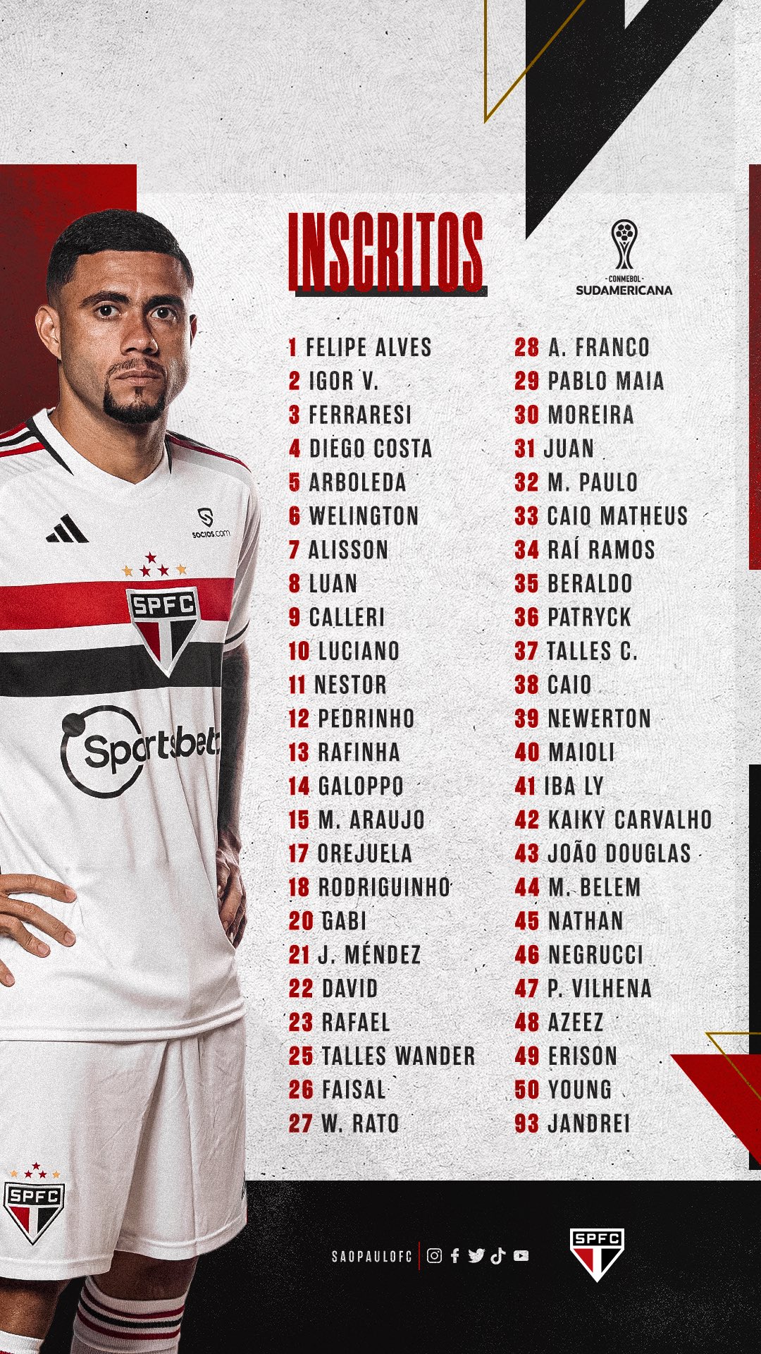 São Paulo FC on X: 📋 O Tricolor definiu os inscritos para a disputa da  @SudamericanaBR. Além dos jogadores do elenco principal, a lista com os 48  nomes conta com dez atletas