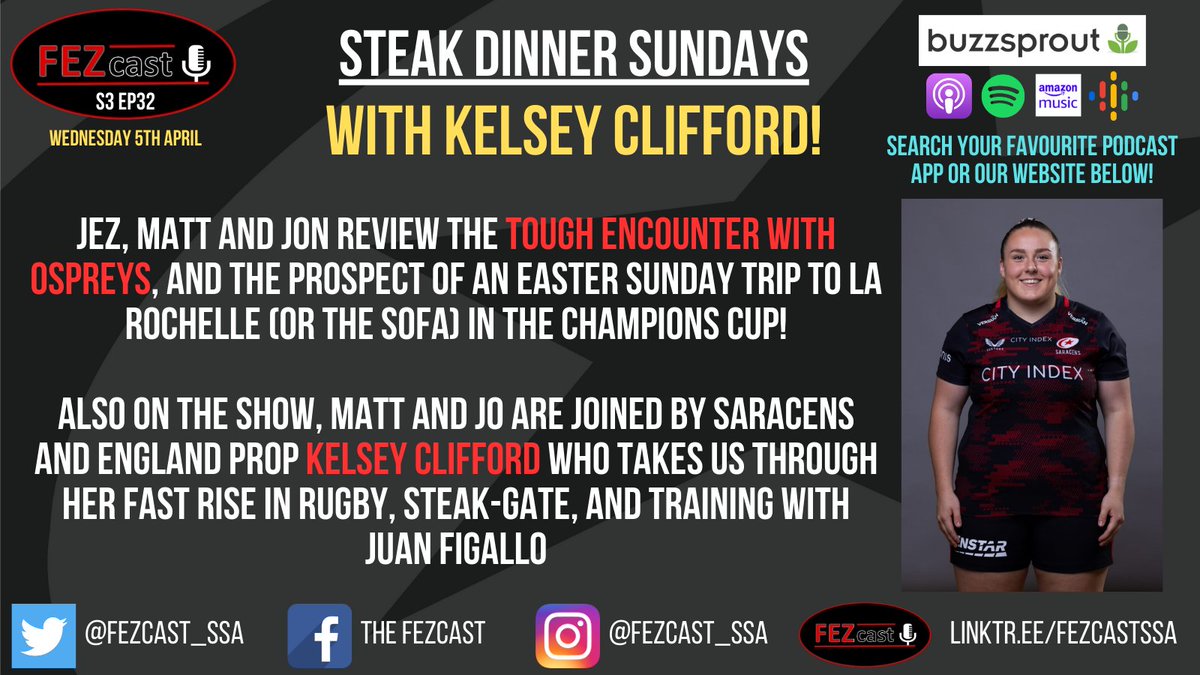 This week on the show, we've got a review of victory over Ospreys, we've got the Women's Six Nations, and we've got <a href="/SaracensWomen/">Saracens Women</a> and now England star <a href="/Kelsey_CLIFF0RD/">Kelsey  Clifford</a> on hot topics such as steak dinners and fake tan! What more do you want?

linktr.ee/fezcastssa from tomorrow