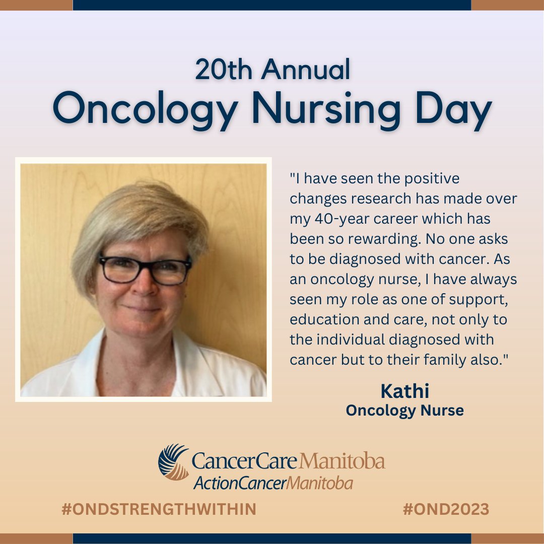 CancerCareMB's tweet photo. Oncology nurses like Kathi play a critical role in supporting Manitobans throughout their cancer journey. Thank you Kathi, and thank you to all of our nurses for your outstanding contributions! https://t.co/tX7yx0Qmqo #OND2023 #ONDStrengthWithin https://t.co/V2DPqgQnCe