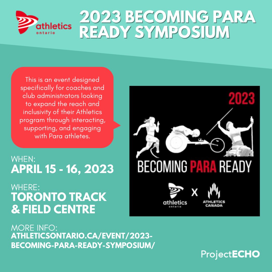 projectecho2020's tweet image. Join @athleticsont and @AthleticsCanada at #Toronto Track &amp;amp; Field Centre April 15-16 for the Becoming Para Ready Symposium to learn about the best practices to become more #inclusive. Learn more: athleticsontario.ca/event/2023-bec…. Share your thoughts: theechoproject.org