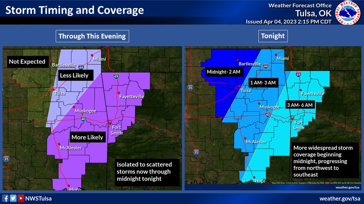 NWStulsa's tweet photo. Here is an updated look at the expected timing of storms today (image 1) and severe potential (image 2). Storms are possible anytime from now through the overnight hours with greater coverage and intensity as you go east. #okwx #arwx https://t.co/QQDq17w3LZ