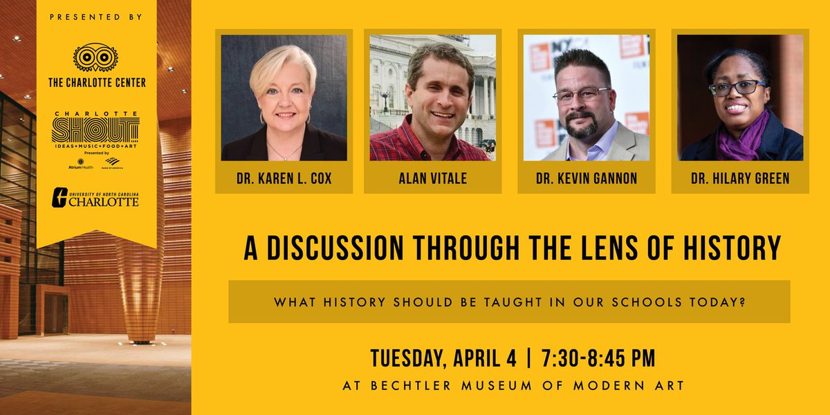 UNC Charlotte College of Liberal Arts & Sciences (@clt_clas) on Twitter photo What history should be taught in schools today? Tonight at 7:30 pm, <a href="/CLTHistoryDept/">UNC Charlotte History</a> historian @DrKarenLCox joins a panel on the timely topic, as part of the Charlotte SHOUT Charlotte Ideas Festival. Reserve your free spot: eventbrite.com/e/charlotte-id… What history should be taught in schools today? Tonight at 7:30 pm, <a href="/CLTHistoryDept/">UNC Charlotte History</a> historian @DrKarenLCox joins a panel on the timely topic, as part of the Charlotte SHOUT Charlotte Ideas Festival. Reserve your free spot: eventbrite.com/e/charlotte-id…