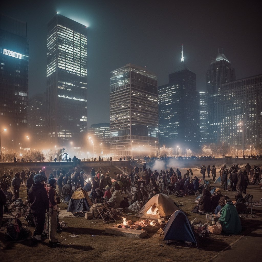 davefilms's tweet photo. [PREDICTION] The derogatory phrase “Homeless Hipsters" starts trending online after the perfect storm of the Great Financial Collapse of 2024 and the Hyper Advancement of #AI Technology leaves millions of young Media and Tech professionals unemployed.  Created using @midjourney https://t.co/6a6Y1CGrM3