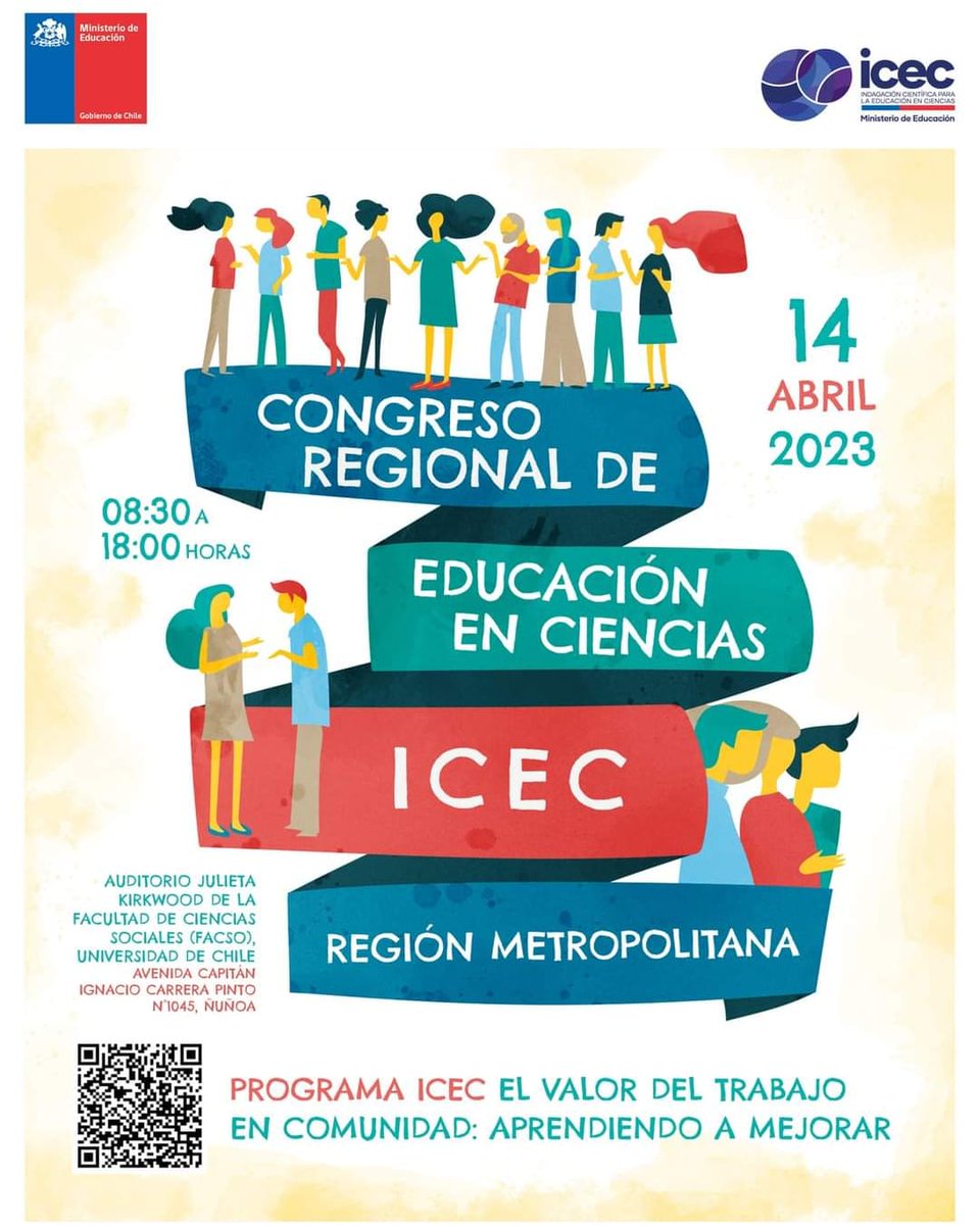 ICEC_UChile's tweet photo. Últimos cupos para el "V Congreso Regional de Educación en Ciencias ICEC". inscríbete escaneando el código QR disponible en el afiche o en el siguiente enlace https://t.co/C6mdlFdMGe…
El 14 de abril de 8:00 a 18:00 h. Presencial https://t.co/n9CmLwEJYG