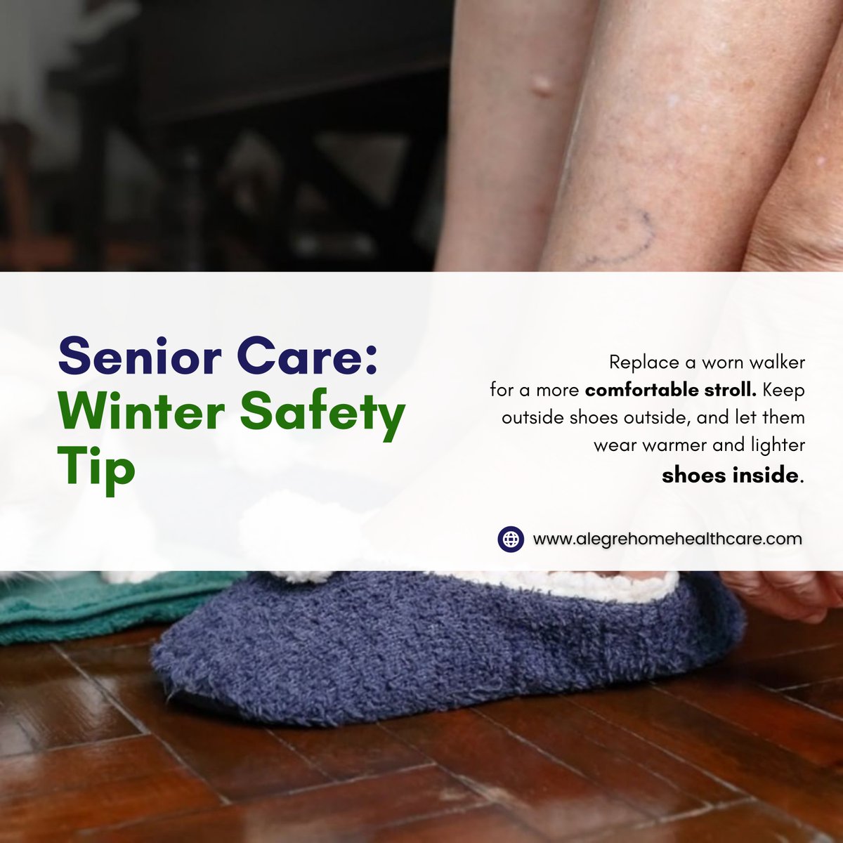 Alegrehhc's tweet photo. Ensure seniors wear shoes with good grip and no slippery soles. Replace a worn walker for a more comfortable stroll. Keep outside shoes outside, and let them wear warmer and lighter shoes inside.
-----
🌐 https://t.co/ddYRAHv6Gr 
.
#alegrehomehealthcare #ahhc #eaglepass #austin https://t.co/adRUCe7Q3Q
