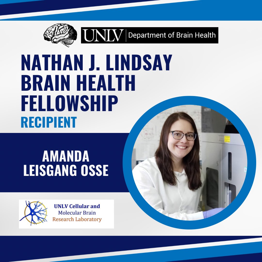 UNLVBrainHealth's tweet photo. 🎉 Amanda Leisgang Osse was awarded the Nathan J. Lindsay Brain Health Fellowship to continue her research into biomarkers for Alzheimer’s Disease, advancing knowledge in risk prediction, earlier diagnosis, and candidates for treatment!
#CaMBRLab #unlvbrainhealth #unIv https://t.co/jDInqQvvSK