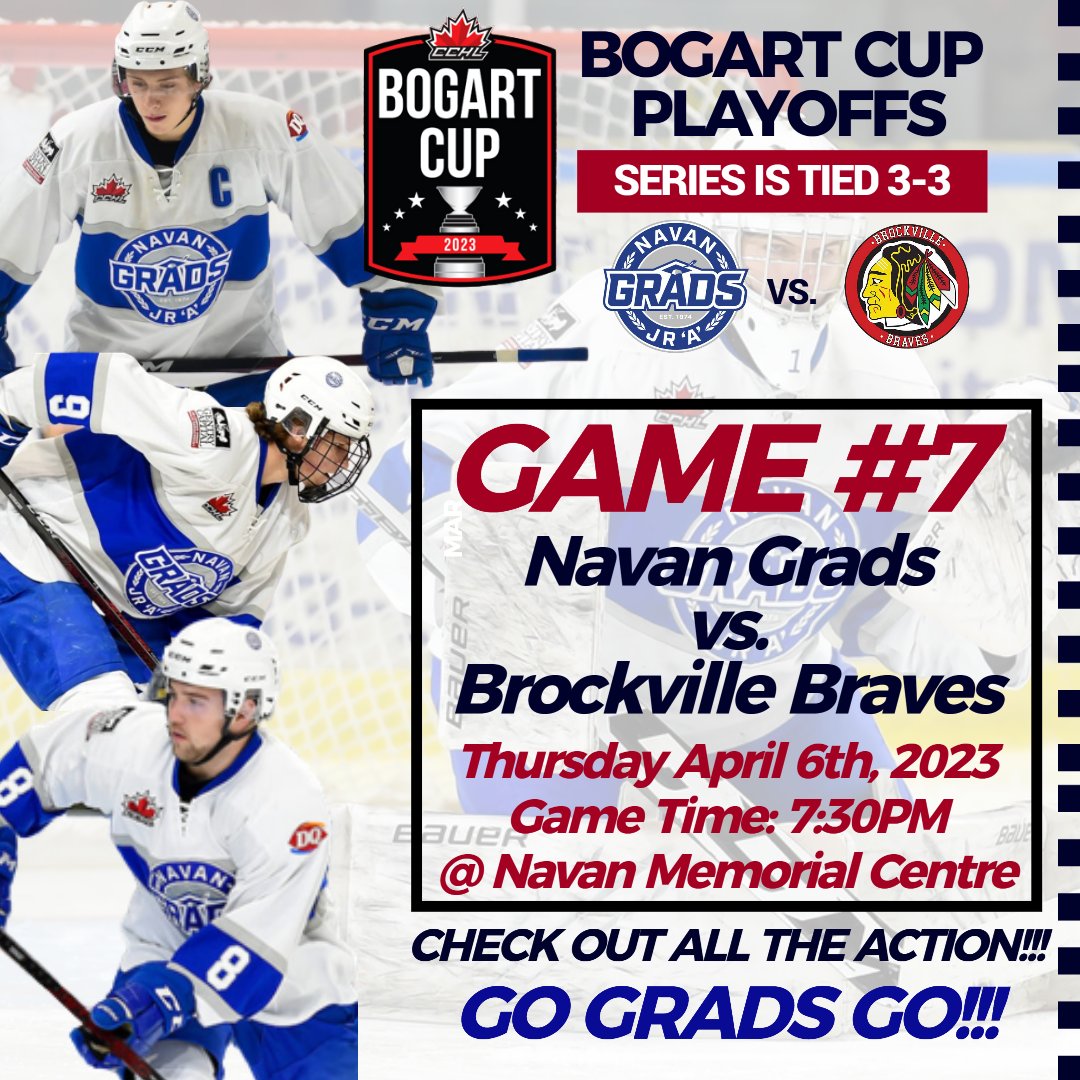 CALLING ALL HOCKEY FANS &amp; GRADS ALUMNI!!

The Navan Grads will host the Brockville Braves in Game #7 at Navan Memorial Centre on Thursday April 6th, 2023. Puck drop is at 7:30PM

Let's pack the rink!! <a href="/catherinekitts/">Catherine Kitts</a> <a href="/CMHA_Hockey/">Cumberland  Hockey</a> <a href="/TheCCHL/">The CCHL</a> @TSNSimmer @jfplante_Droit <a href="/HEOhockey/">Hockey Eastern Ontario</a>