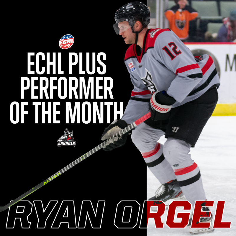 ECHLThunder's tweet photo. Ryan Orgel (@ryanorgel) has been named the AMI Graphics / ECHL Plus Performer of the Month after posting a league-best +16 rating in March ⚡️