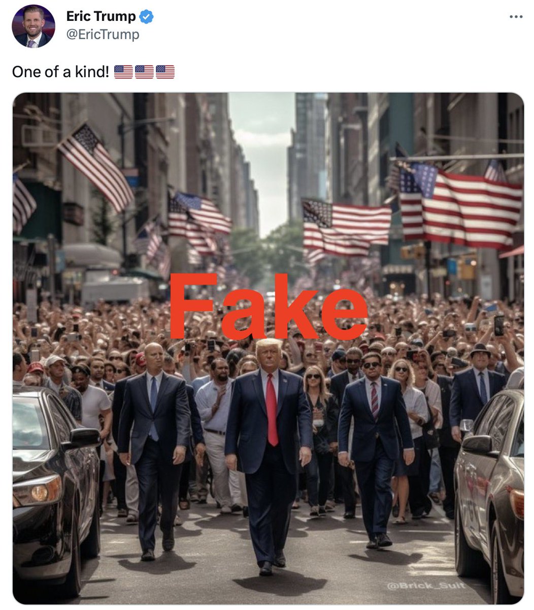 Volksverpetzer's tweet photo. Trumps Sohn teilt ein KI-generiertes Bild, ohne Hinweis, dass es falsch ist. Als Trump-Unterstützer wird man einfach den ganzen Tag dreist angelogen. Manche mögen das offenbar. https://t.co/Bhi13Rv5AH