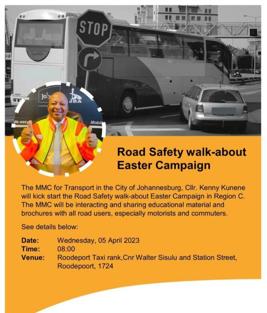 ROLDTA1's tweet photo. Tomorrow we welcome the MMC for Transport for the Easter Campaign.
#Easter2023  #roodepoort @KennyTKunene1 https://t.co/A5c6uC2P5s