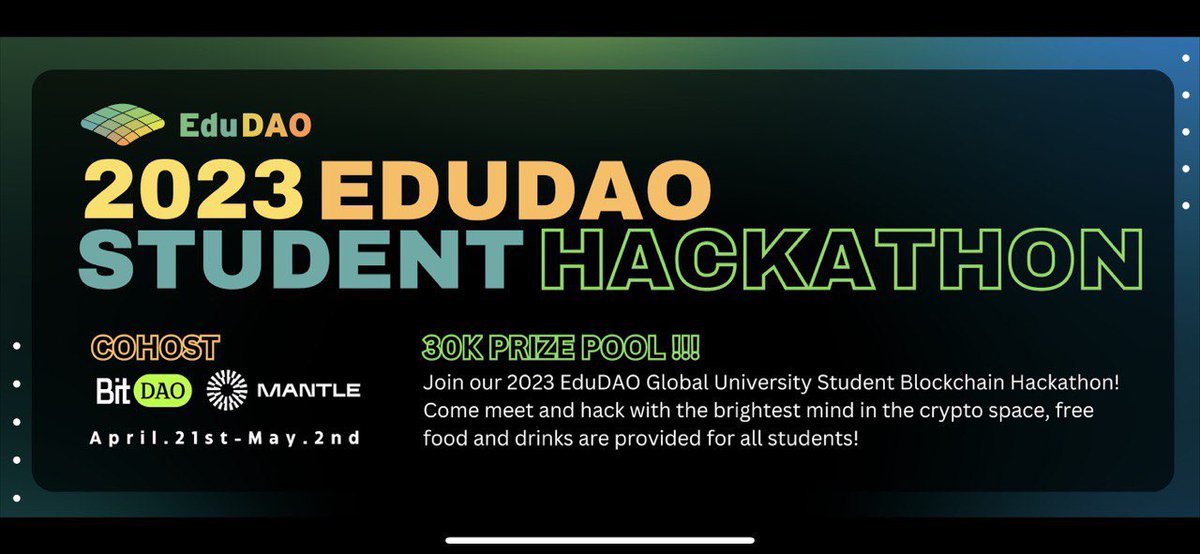 📢 Attention - calling all students! EduDAO Hackathon $30k+ in Prizes

This will be a competition among the students/schools for future EduDAO grants. 

🙌 So far $30k+ in prizes and bounties 😱

💻 IRL &amp; remote options

Be sure to follow us for more details!