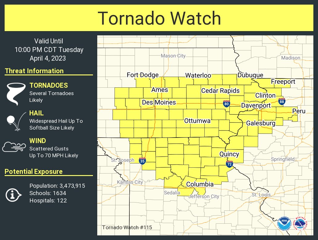 NWStornado's tweet photo. A tornado watch has been issued for parts of Illinois, Iowa and Missouri until 10 PM CDT https://t.co/UM1kCcUYk8
